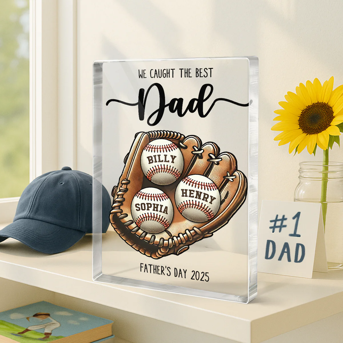 We Caught The Best Dad Baseball, Softball Personalized Acrylic Block Plaque, Custom Kid's Name, Father’s Day Gift For Husband, Gift For Dad - Image 4
