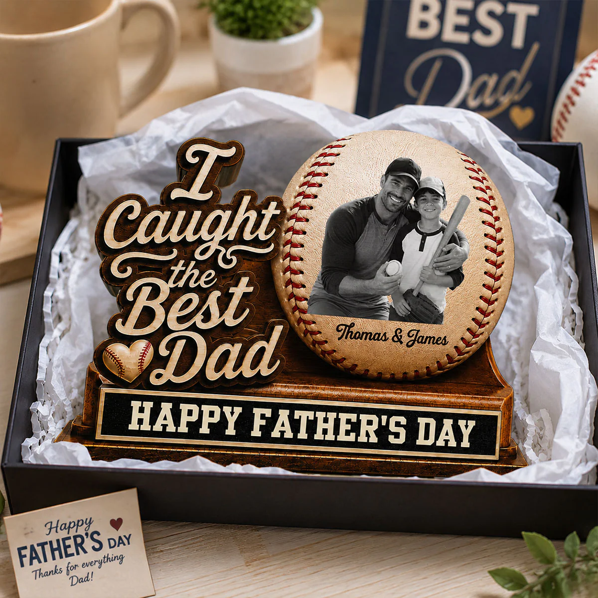 We Caught The Best Dad Custom Photo 2D Flat Printed - Personalized 2-Layered Wooden Plaque - Happy For Baseball Dad - Image 3
