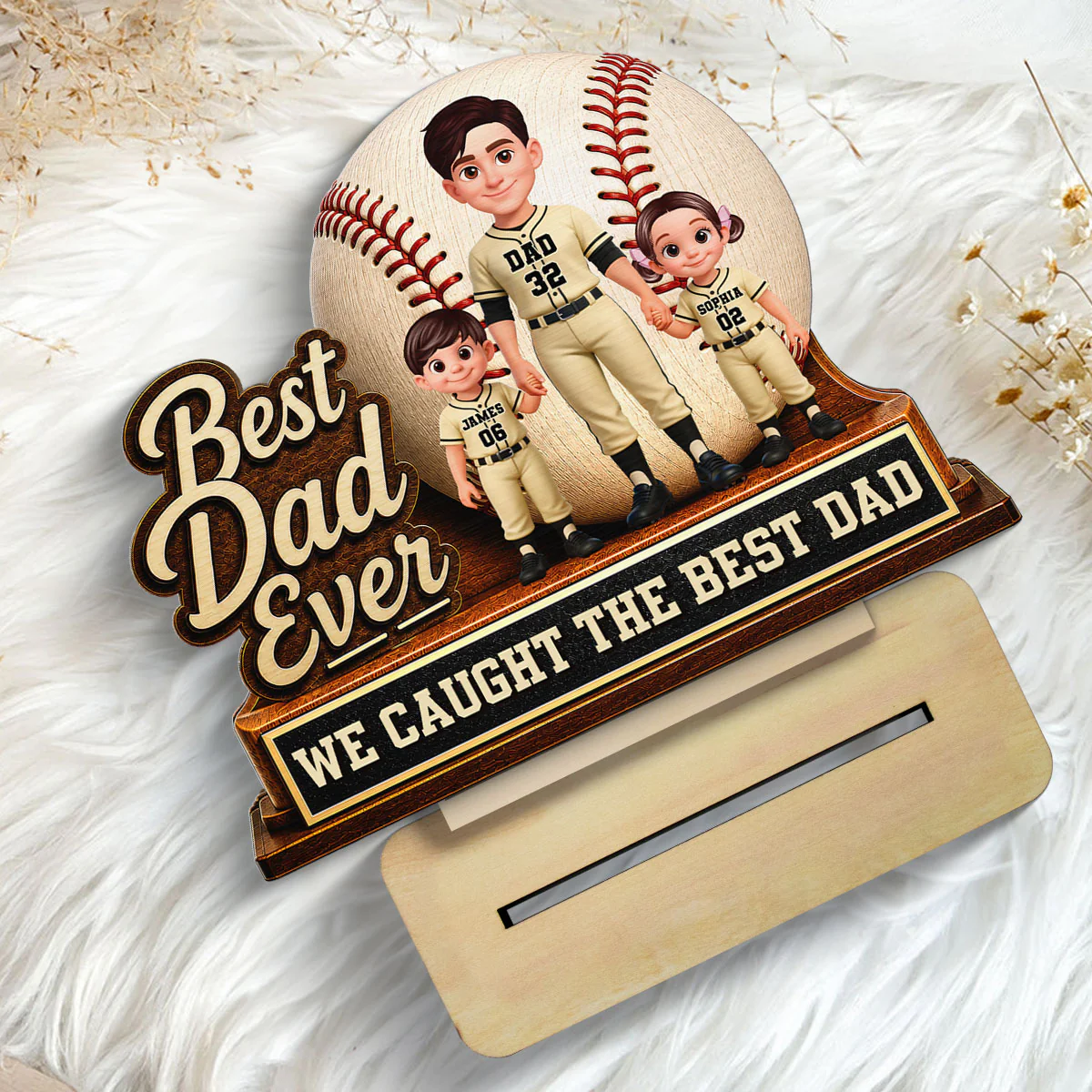 We Caught The Best Dad Dad & Kids - Personalized 2-Layered Wooden Plaque - Happy  For Baseball Softball Dad - Image 6