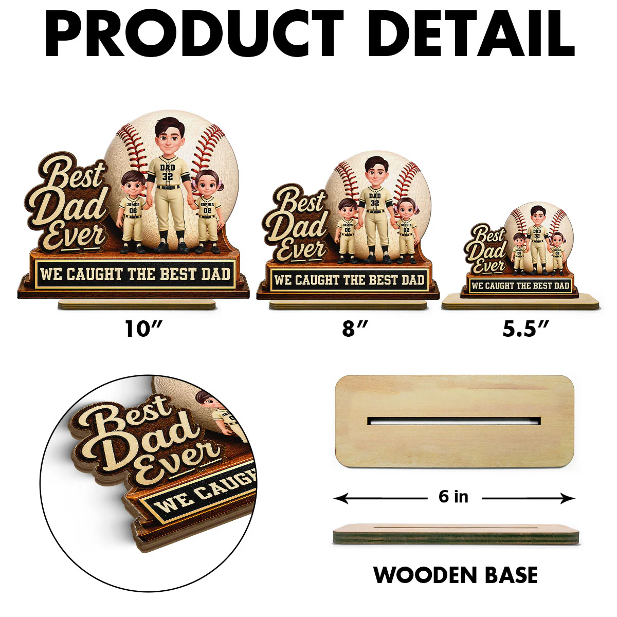 We Caught The Best Dad Dad & Kids - Personalized 2-Layered Wooden Plaque - Happy  For Baseball Softball Dad - Image 7