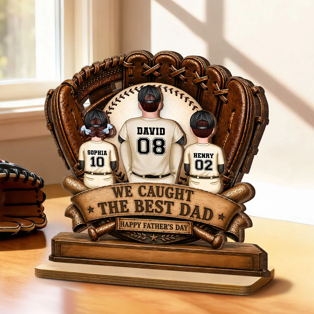 We Caught the Best Dad Fathers & Children Sitting - Personalized 2-Layered Wooden Plaque - Gift for Husband, Dad - Image 4