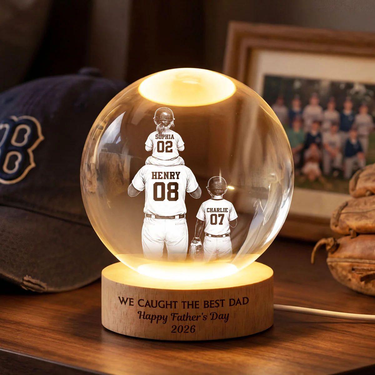 We Caught the Best Dad - Personalized Crystal Ball LED Night Light -  Gift for Dad, Husband - Image 4