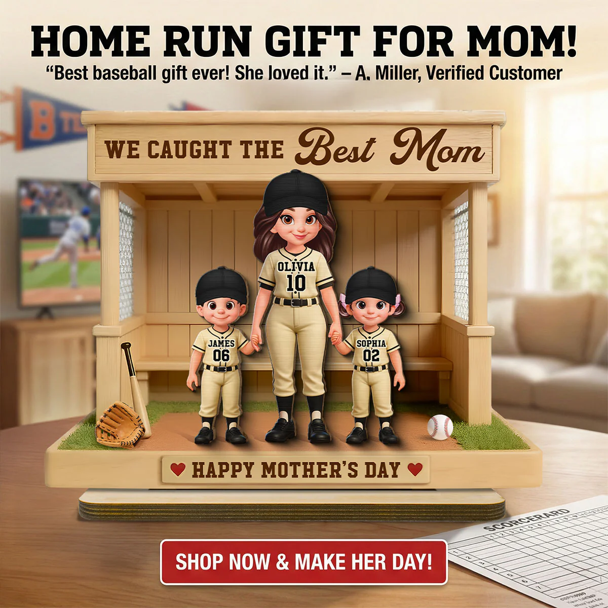 We Caught The Best Mom Baseball Softball Dugout Happy Mother's Day - Personalized 2-Layered Wooden Plaque - Mother's Day Gift For Baseball Mom - Image 9