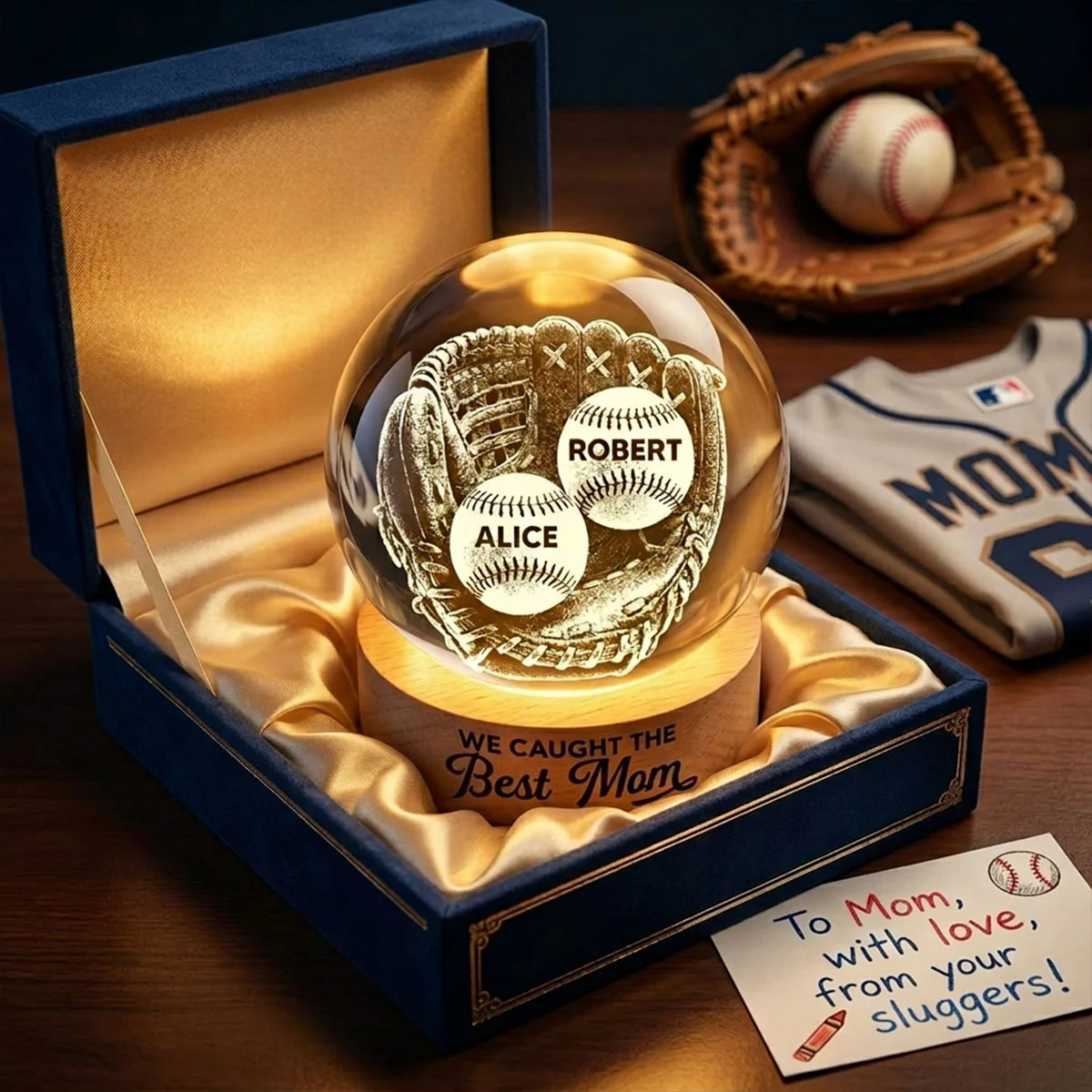 We Caught The Best Mom Baseball In Glove - Personalized Crystal Ball LED Night Light - Mother's Day Gift For Baseball Mom - Image 2
