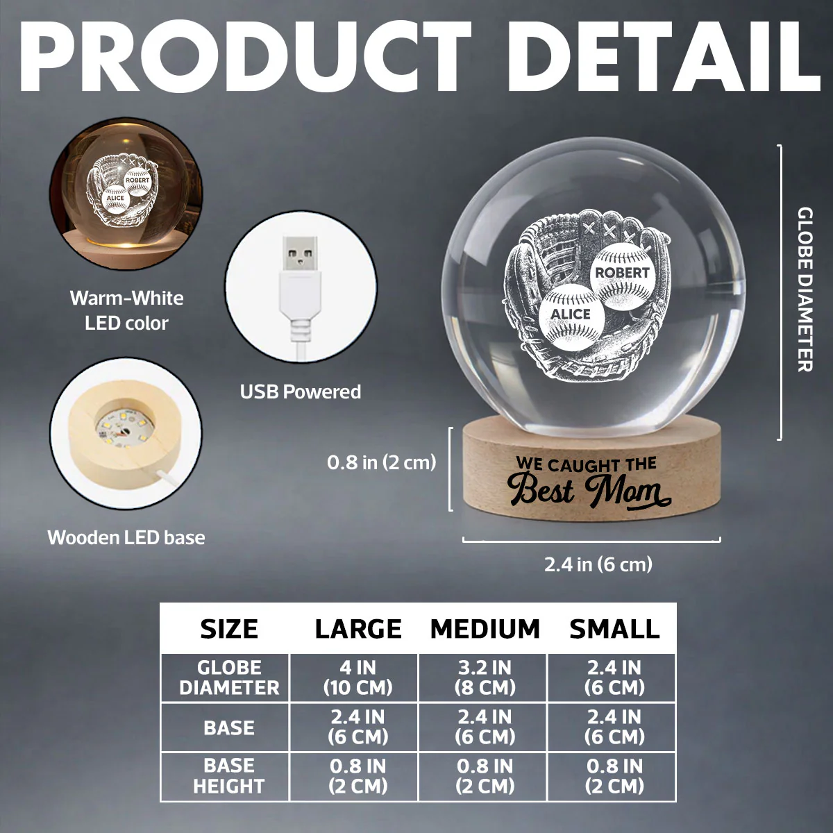 We Caught The Best Mom Baseball In Glove - Personalized Crystal Ball LED Night Light - Mother's Day Gift For Baseball Mom - Image 5