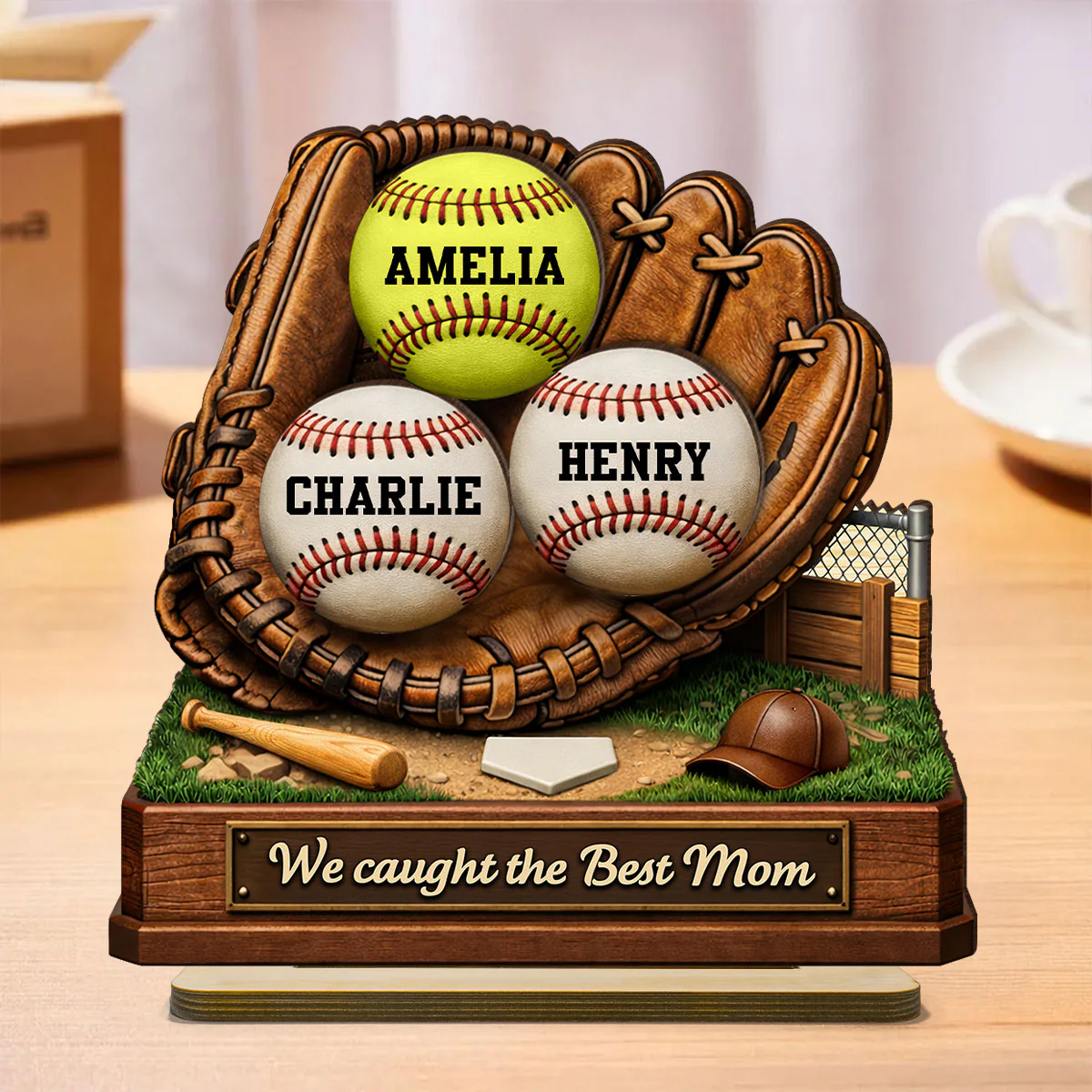 We Caught the Best Mom Baseball - Personalized 2-Layered Wooden Plaque - Sentimental Gift for Mom - Image 3