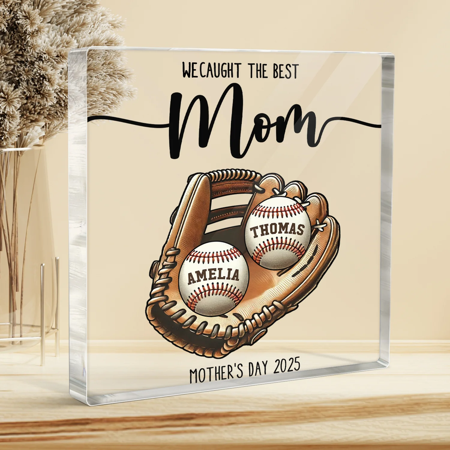 We Caught The Best Mom Baseball, Softball Personalized Acrylic Block Plaque, Custom Kid's Name, Mother's Day, Gift For Wife, Gift For Mom - Image 3