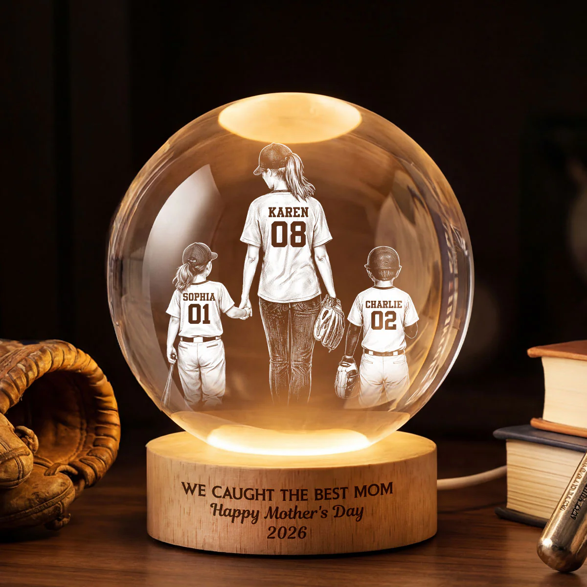We Caught the Best Mom - Personalized Crystal Ball LED Night Light - Mother's Day Gift for Mom, Wife