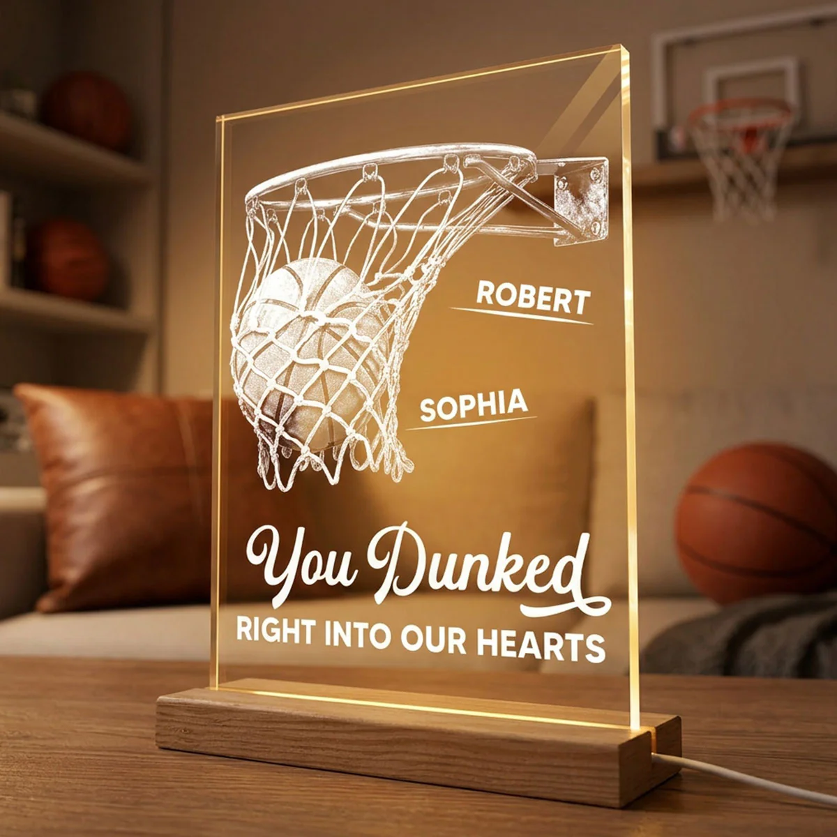 We Dunked Right Into Our Heart - Personalized Acrylic Plaque LED Night Light - Father's Day Gift For Basketball Dad - Image 7