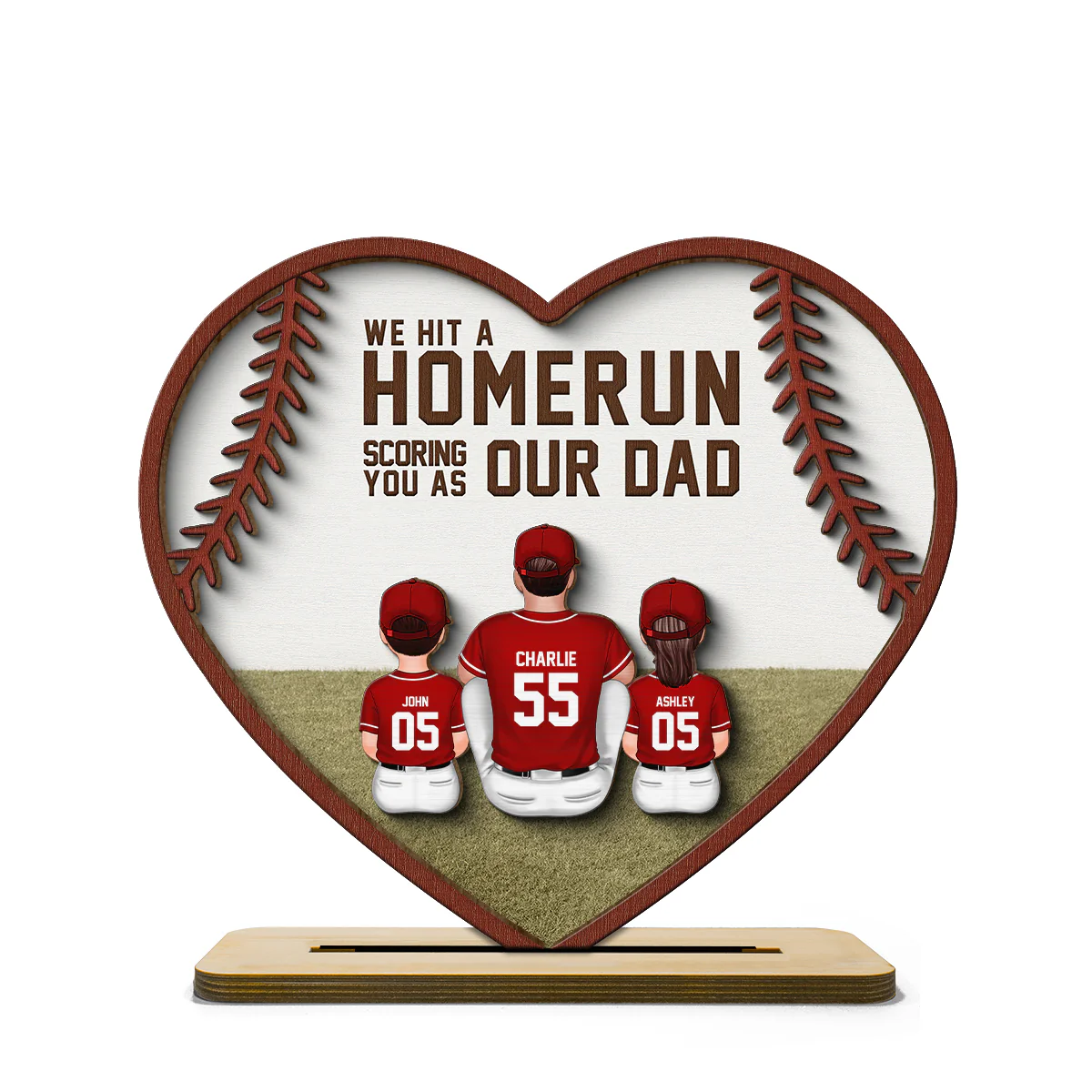 We Hit A Home Run Scoring You As Our Dad, Baseball Softball Dad Personalized 2-Layered Wooden Plaque - Image 2