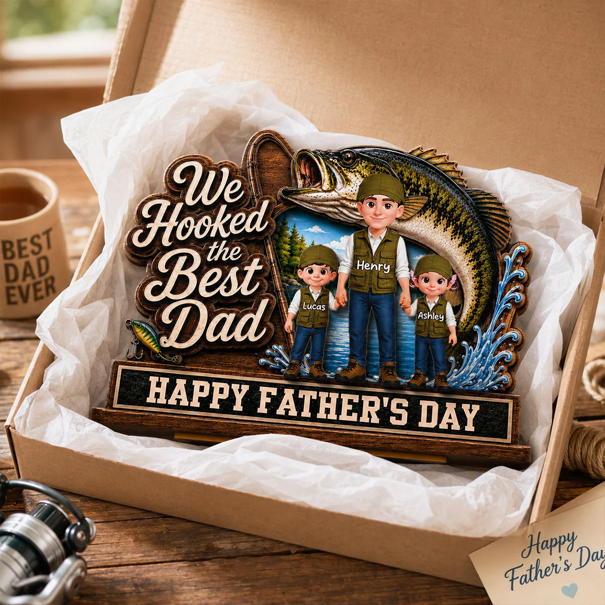 We Hooked The Best Dad Fishing Man & Kids 2D Flat - Personalized 2-Layered Wooden Plaque - Gift For Fishing Dad - Image 2