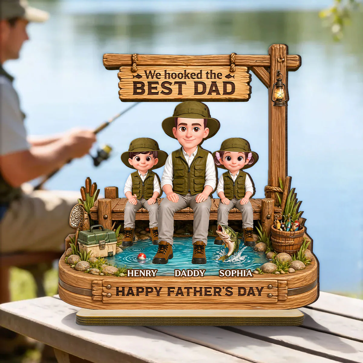 We Hooked The Best Dad Fishing - Personalized 2-Layered Wooden Plaque - Gift For Fishing Dad, Fishing Lovers - Image 3