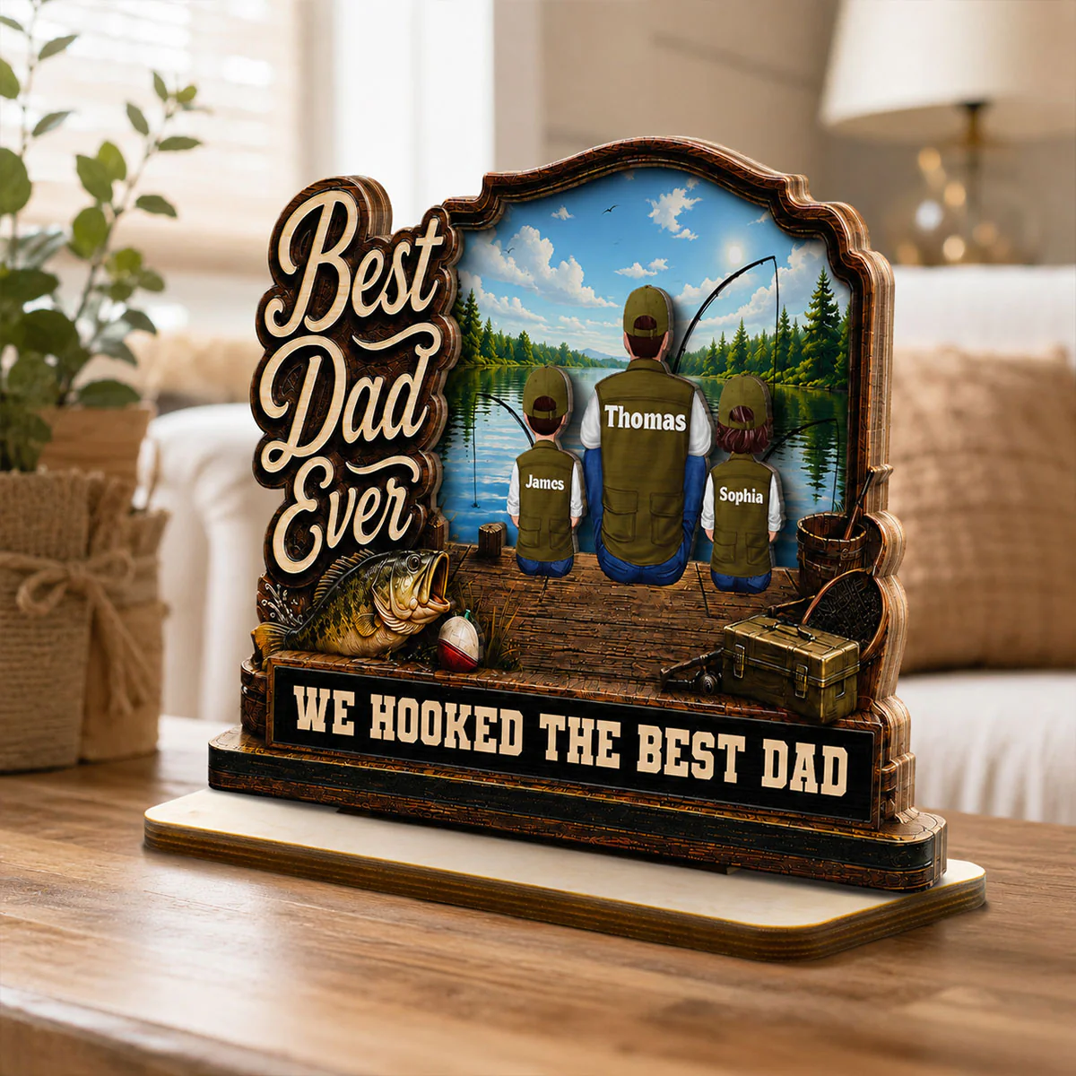We Hooked The Best Dad Papa Fishing Man & Kids Back View 2D Flat - Personalized 2-Layered Wooden Plaque - Gift For Hunting Dad, Grandpa - Image 4