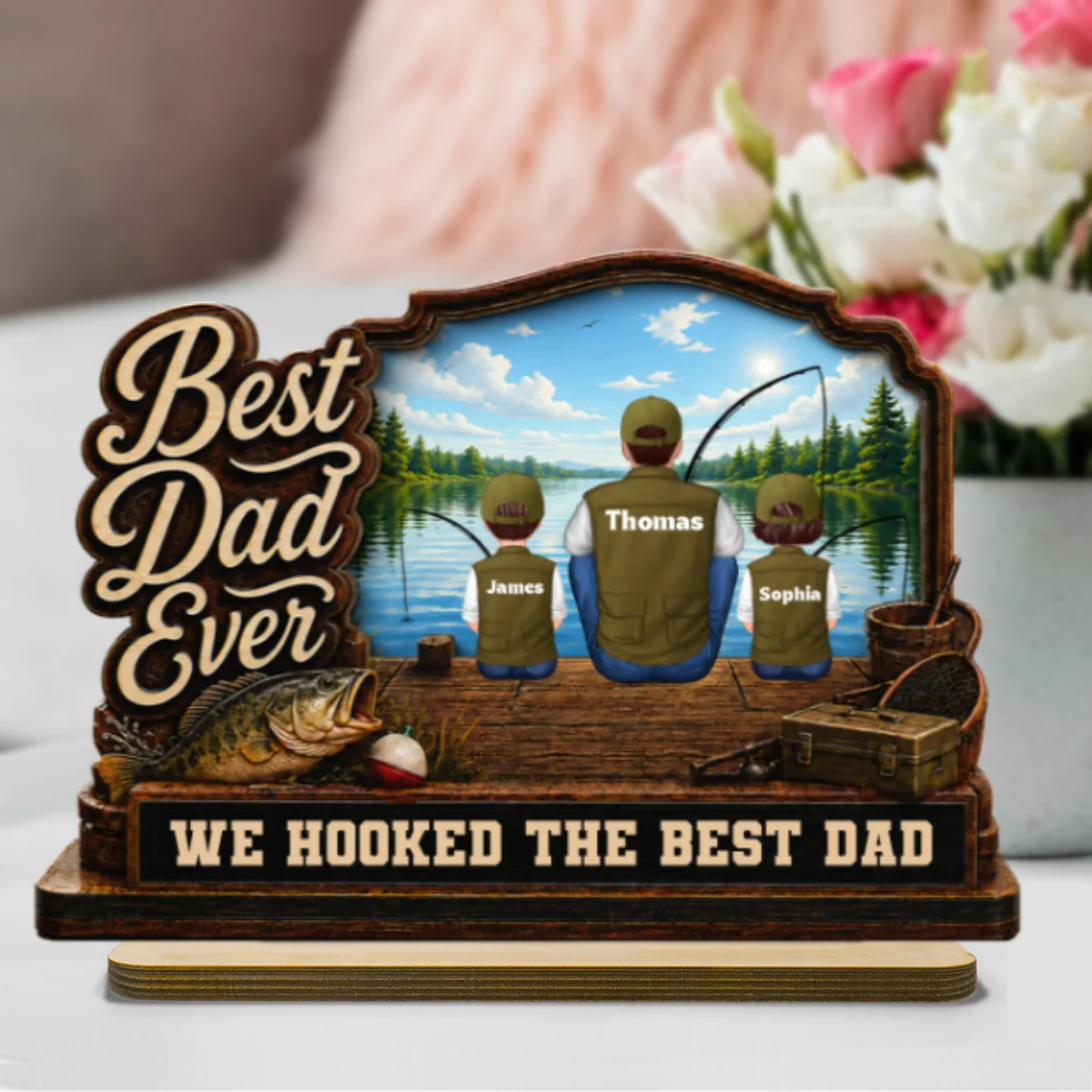 We Hooked The Best Dad Papa Fishing Man & Kids Back View 2D Flat - Personalized 2-Layered Wooden Plaque - Gift For Hunting Dad, Grandpa - Image 9