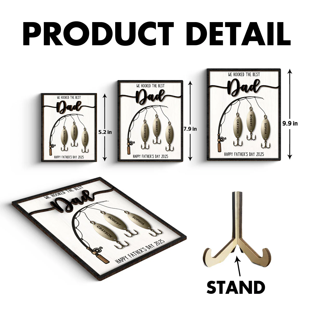 We Hooked The Best Dad Personalized 2-Layered Standing Wooden Plaque, Gift For Fishing Dad, For Grandpa, For Him - Image 6