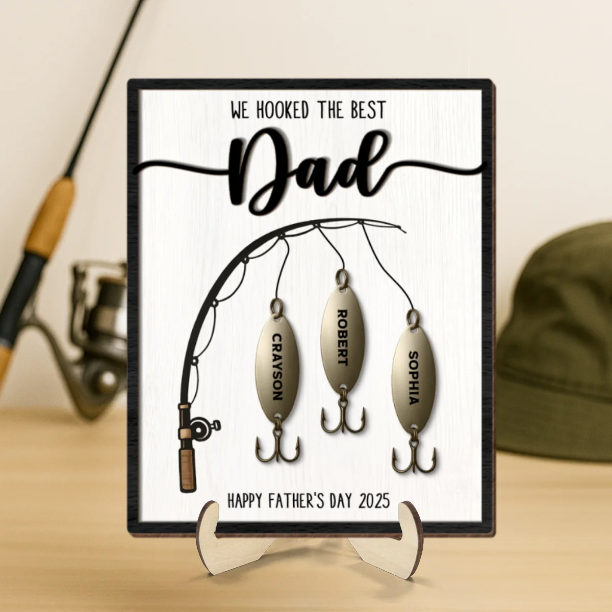 We Hooked The Best Dad Personalized 2-Layered Standing Wooden Plaque, Gift For Fishing Dad, For Grandpa, For Him - Image 8