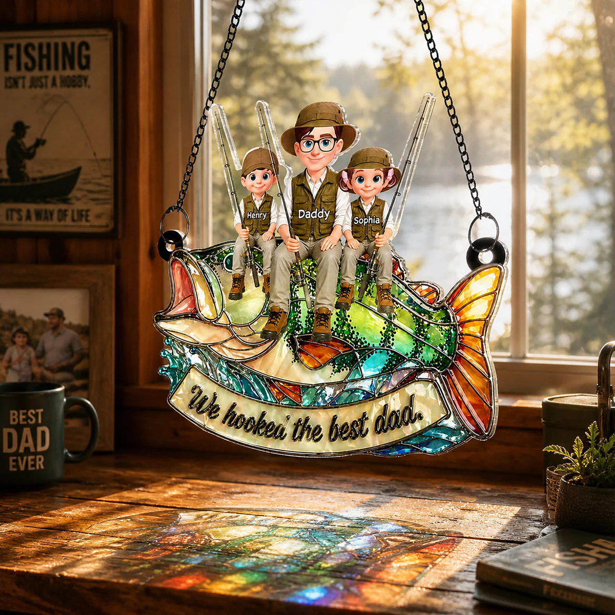 We Hooked the Best Fishing Dad - Personalized Suncatcher - Father's Day Gift for Dad, Husband, Man Cave Decor - Image 5