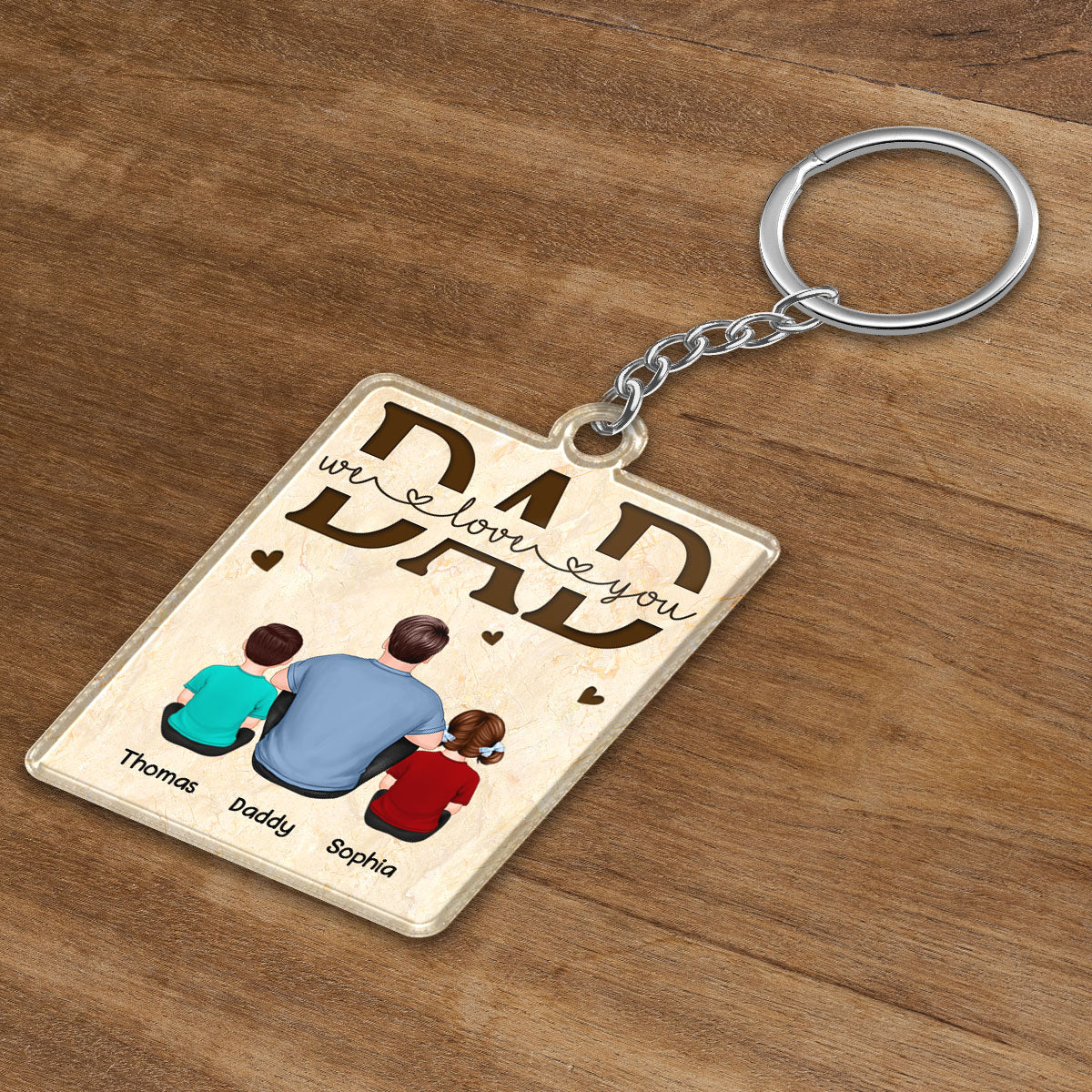 We Love You Dad Back View Man Sitting With Kids Dogs Cats Personalized Acrylic Keychain - Image 3
