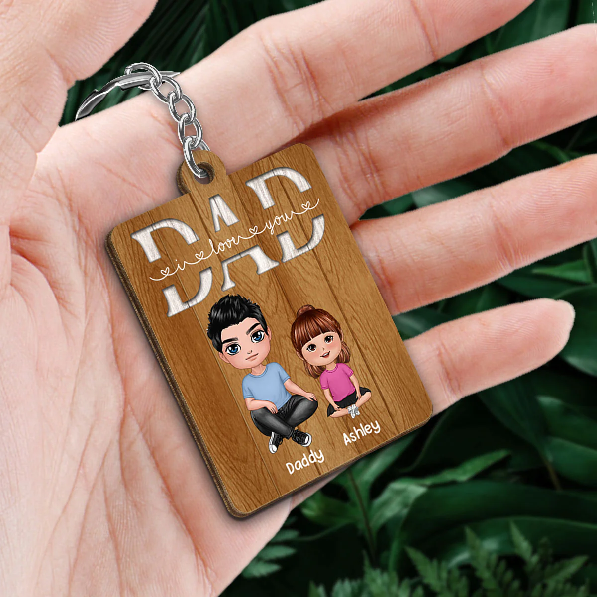 We Love You Dad Doll Dad Sitting Crossed Legs And Doll Kids Personalized Wooden Keychain - Image 2