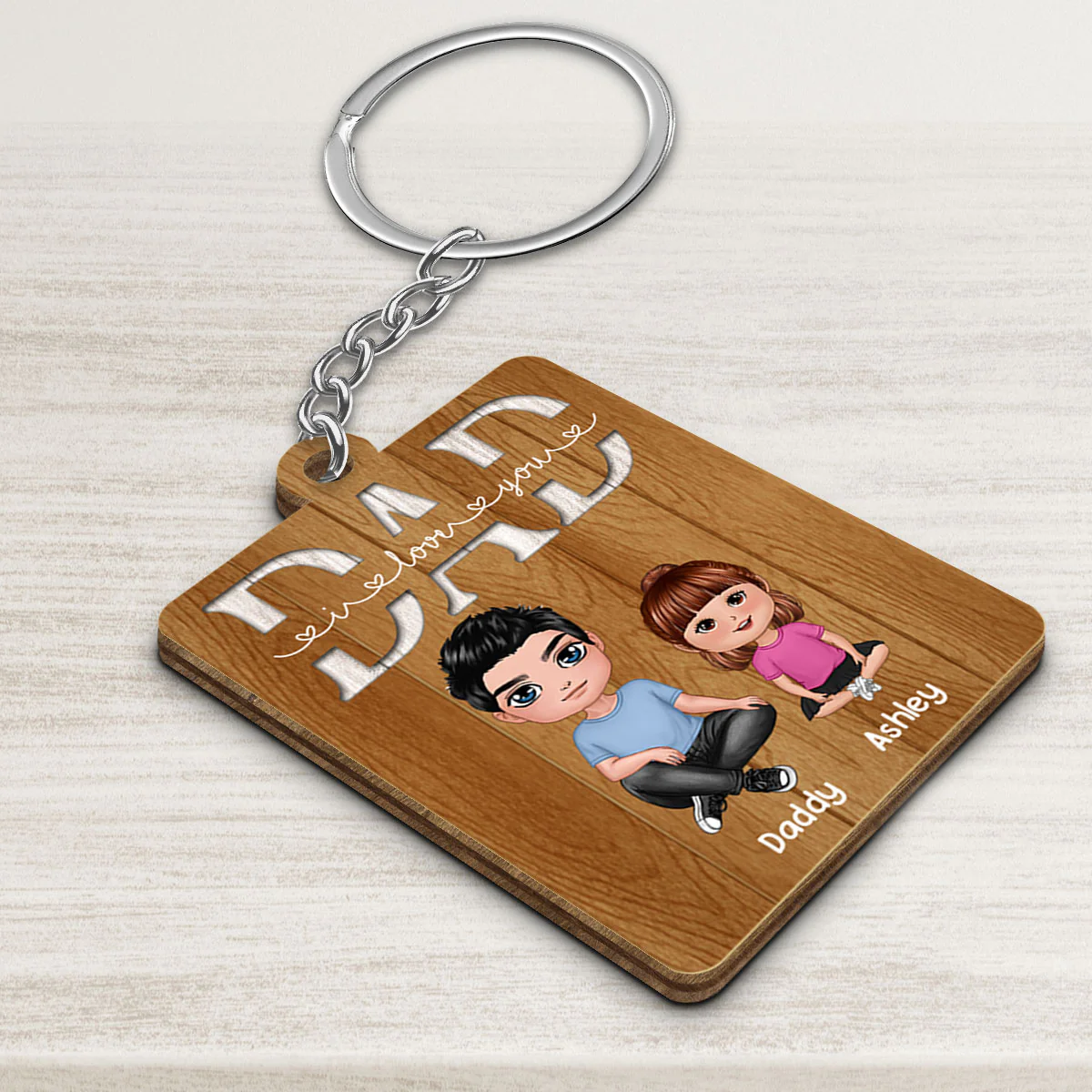 We Love You Dad Doll Dad Sitting Crossed Legs And Doll Kids Personalized Wooden Keychain - Image 3