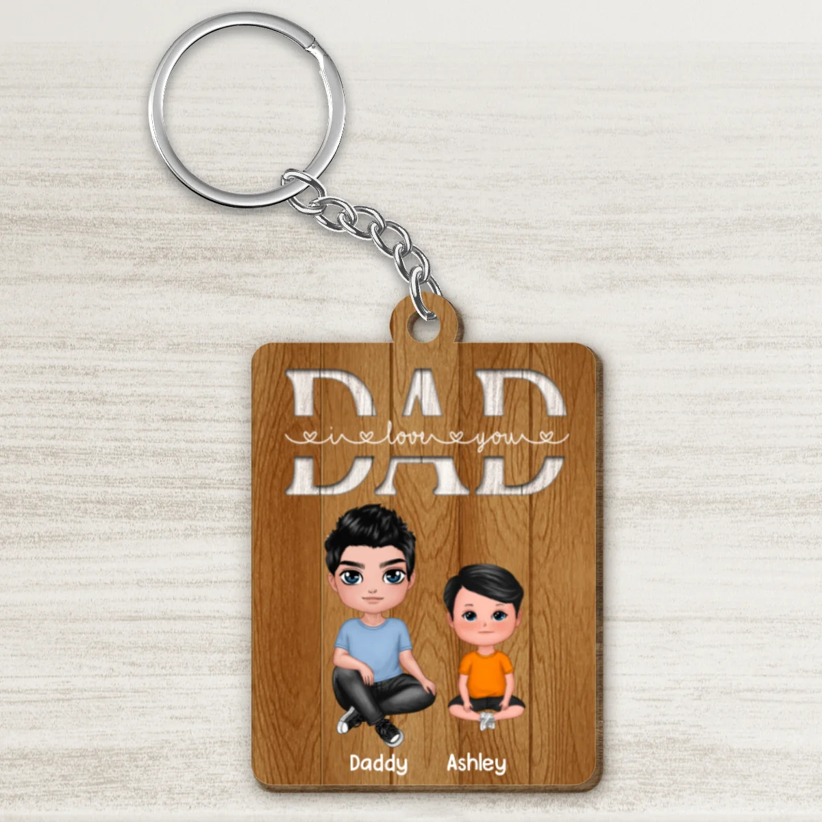 We Love You Dad Doll Dad Sitting Crossed Legs And Doll Kids Personalized Wooden Keychain - Image 4