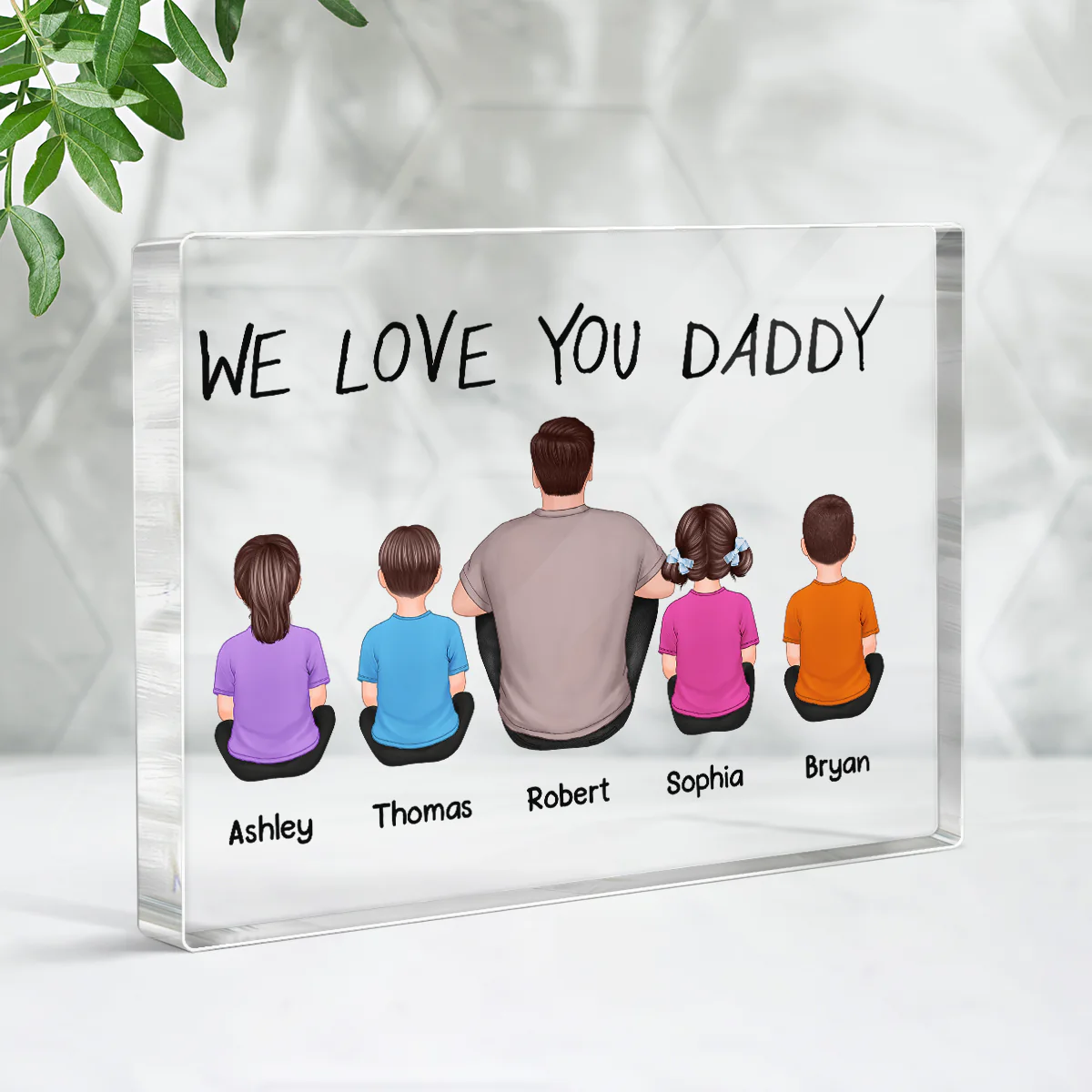 We Love You Daddy Back View Man Sitting With Kids Dogs Cats Personalized Horizontal Rectangle Acrylic Block - Image 3