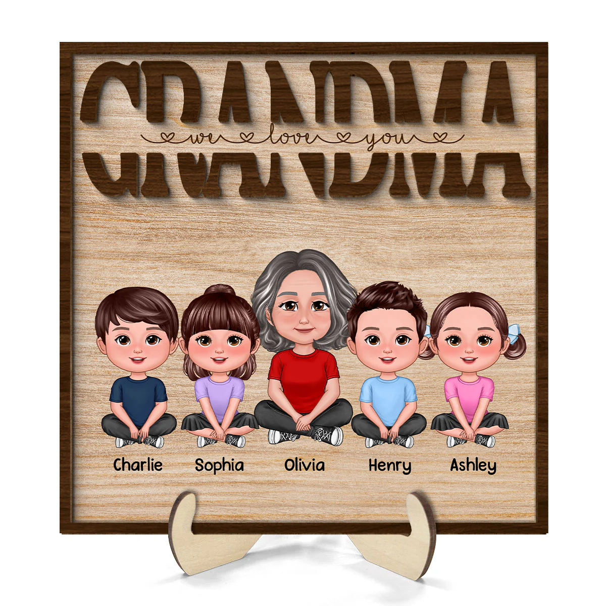 We Love You Grandma Mom Auntie Kids Sitting Mother‘s Day Gift Personalized 2-Layer Wooden Plaque