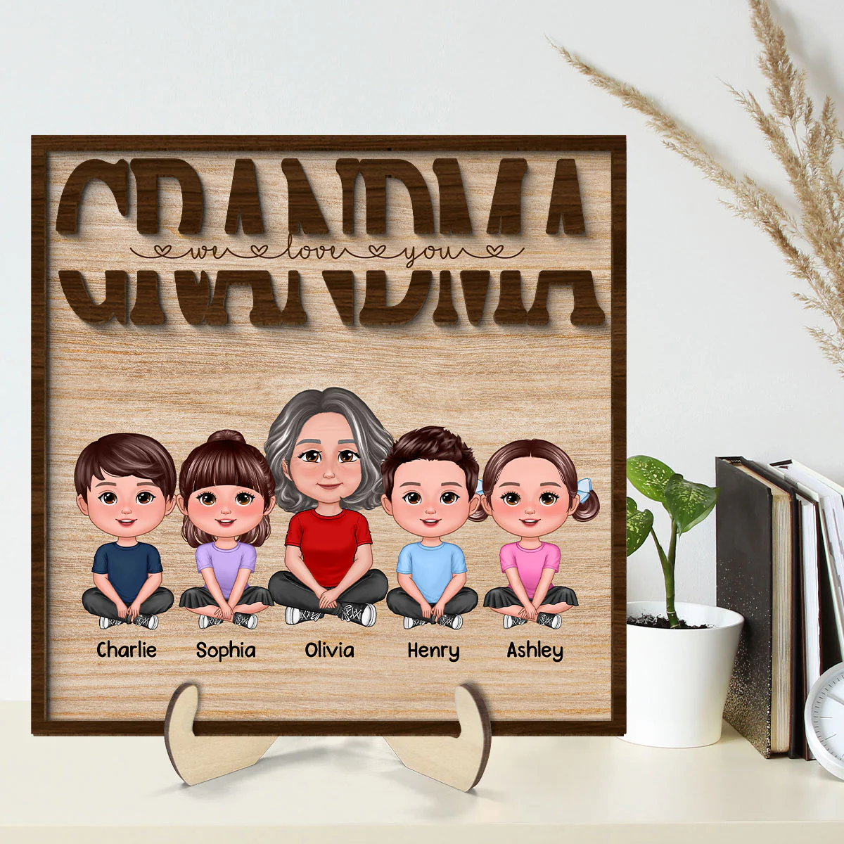 We Love You Grandma Mom Auntie Kids Sitting Mother‘s Day Gift Personalized 2-Layer Wooden Plaque - Image 2