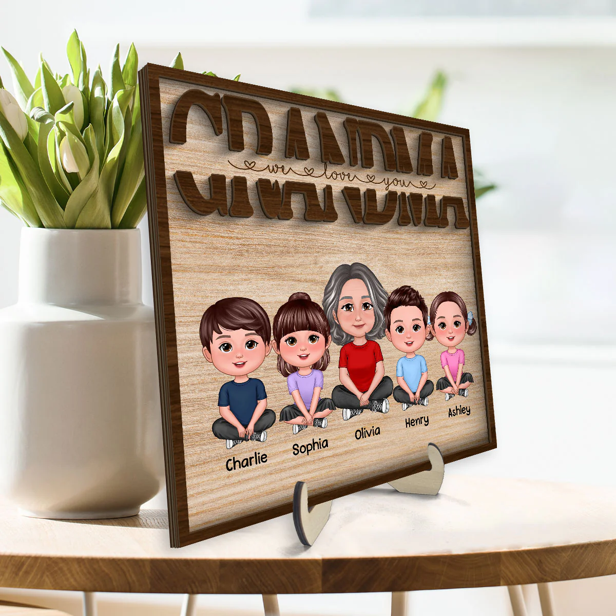 We Love You Grandma Mom Auntie Kids Sitting Mother‘s Day Gift Personalized 2-Layer Wooden Plaque - Image 3