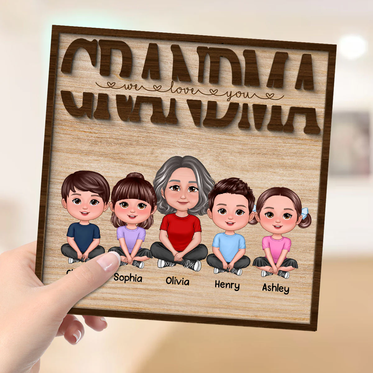 We Love You Grandma Mom Auntie Kids Sitting Mother‘s Day Gift Personalized 2-Layer Wooden Plaque - Image 4