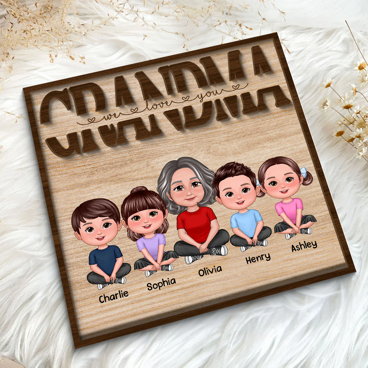 We Love You Grandma Mom Auntie Kids Sitting Mother‘s Day Gift Personalized 2-Layer Wooden Plaque - Image 5