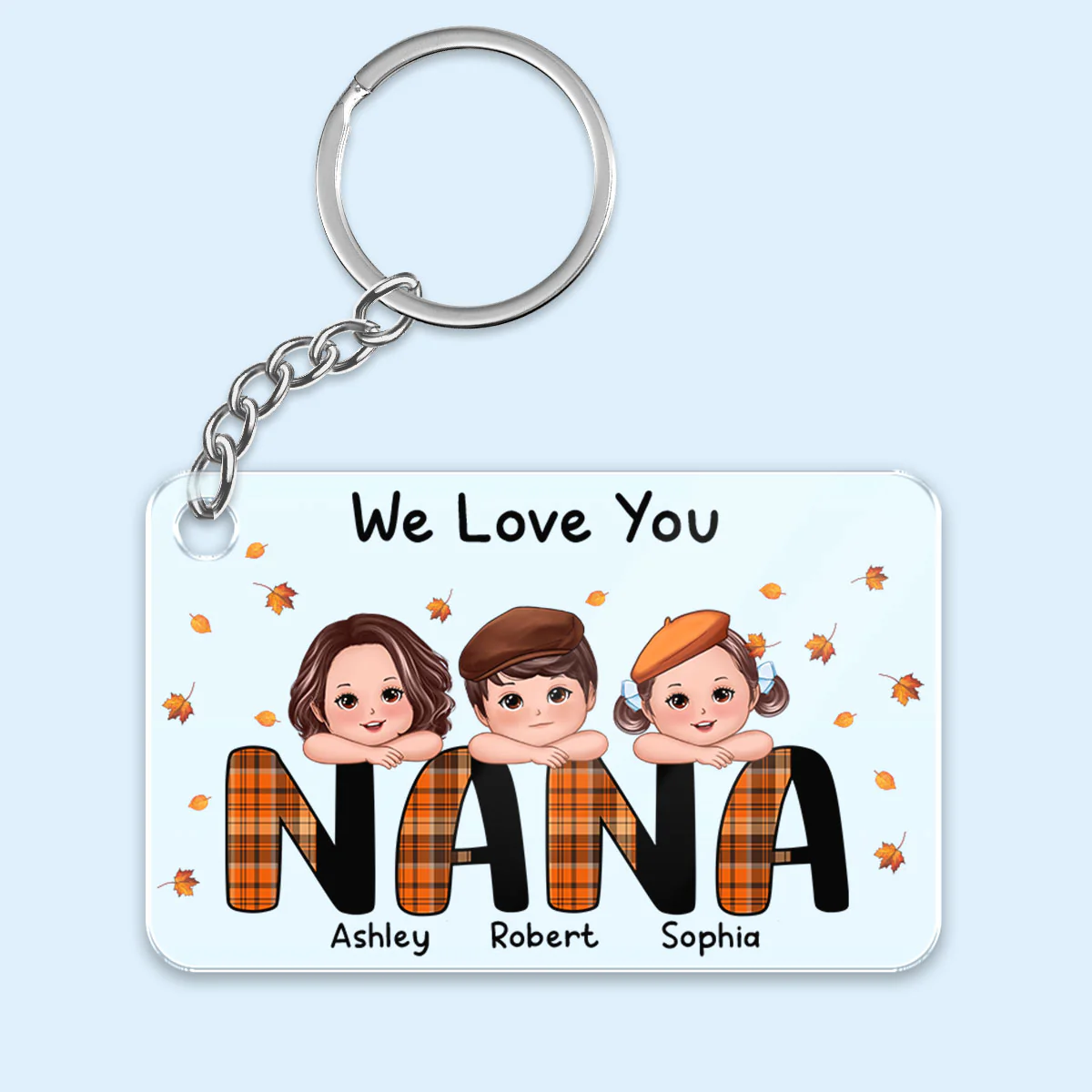 We Love You Grandma Mom Plaid Pattern Kids On Hand Fall Season Personalized Acrylic Keychain