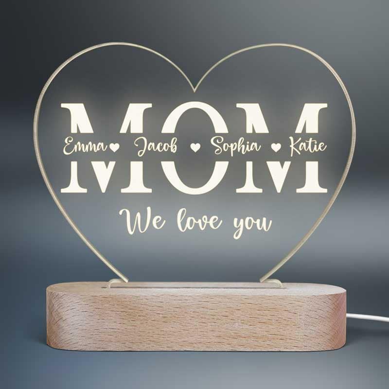 We Love You Mom Children Names Personalized Heart Plaque With LED Night Light - Acrylic LED Lamp - Mother‘s Day Gift, Birthday Gift For Mom