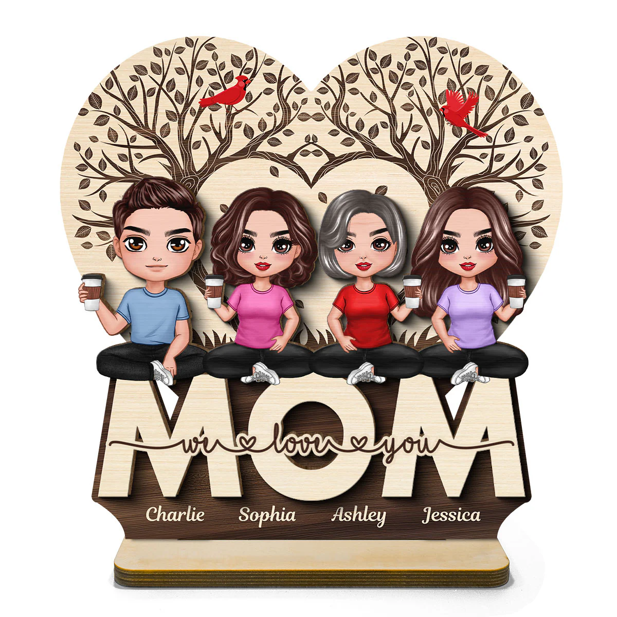 We Love You Mom Heart Tree Personalized 2-Layer Standing Wooden Plaque - Image 2