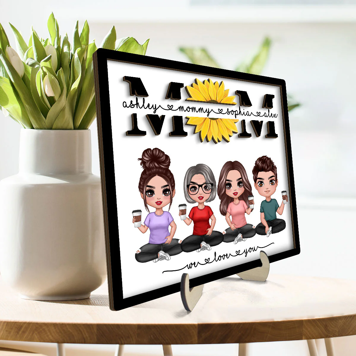 We Love You Mom Sunflower Doll Sitting Personalized 2-Layer Wooden Plaque - Image 3