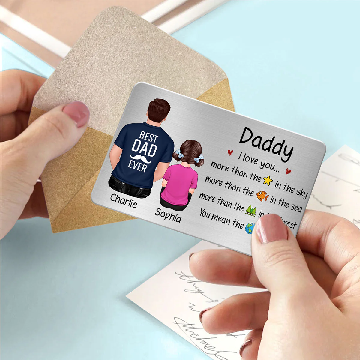 We Love You More Dad & Kids Back View Personalized Metal Wallet Card - Image 3