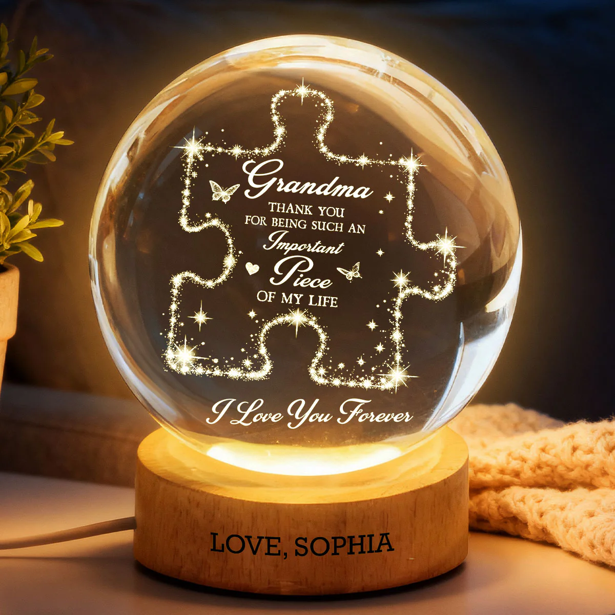 Grandma Thank You Important Piece - Personalized Crystal Ball LED Night Light - Mother's Day Gift For Grandma, Mom