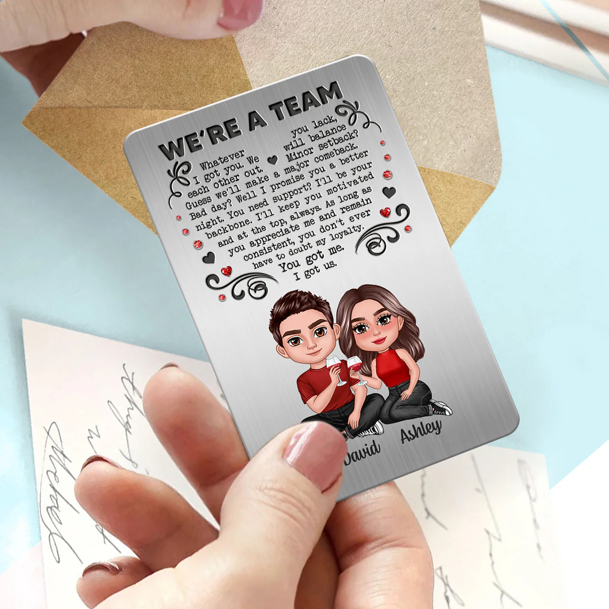 We‘re A Team Couple Sitting Together Personalized Metal Wallet Card - Image 3
