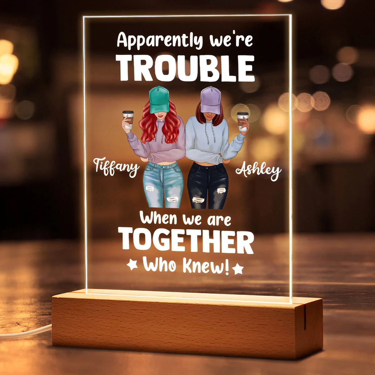 We‘re Trouble Besties Front View Personalized Personalized Rectangle Acrylic Plaque LED Lamp Night Light - Image 3