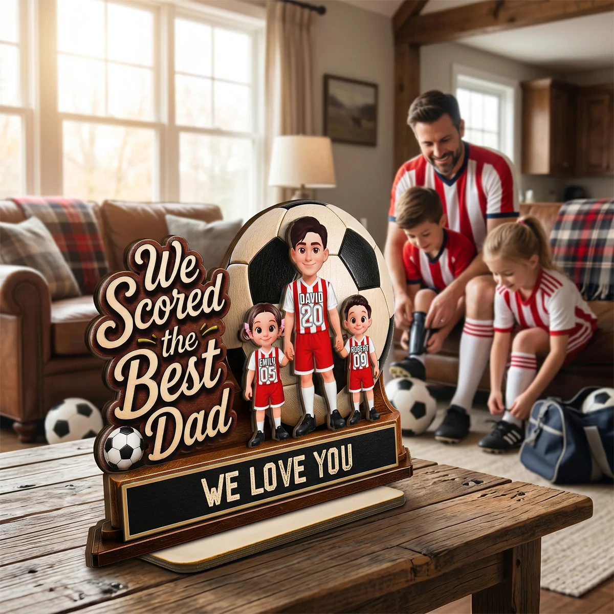 We Scored The Best Dad 2D Flat - Personalized 2-Layered Wooden Plaque - Gift For Soccer Dad, UK Football Dad - Image 3