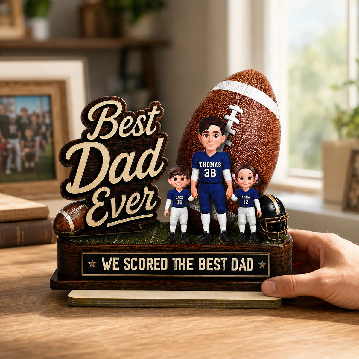 We Scored The Best Dad American Football Dad & Kids - Personalized 2-Layered Wooden Plaque - Gift For American Football Dad - Image 4
