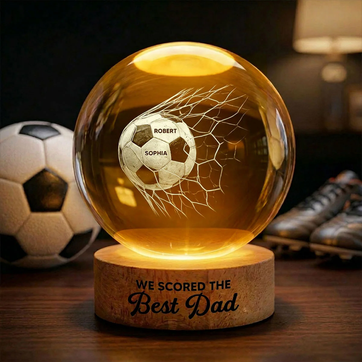 We Scored The Best Dad - Personalized Crystal Ball LED Night Light - Gift For Sport Dad | Soccer, UK Football, Baseball, Basketball, American Football