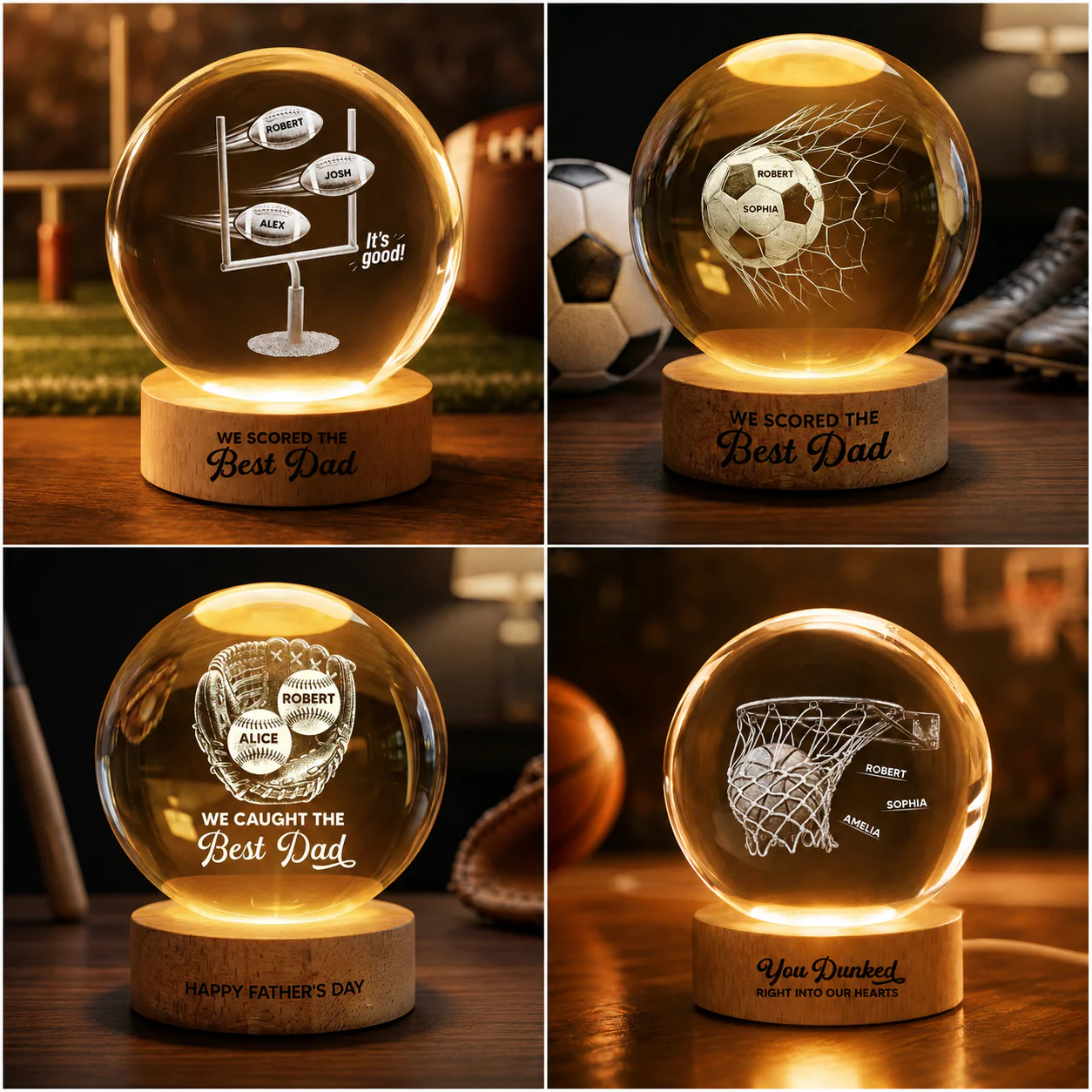 We Scored The Best Dad - Personalized Crystal Ball LED Night Light - Gift For Sport Dad | Soccer, UK Football, Baseball, Basketball, American Football - Image 5