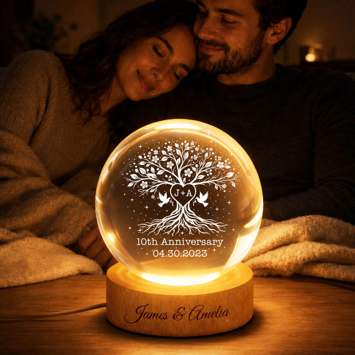 Wedding Anniversary Tree of Life - Personalized Crystal Ball LED Night Light - Heartfelt Gift for Her, Gift for Him - Image 3