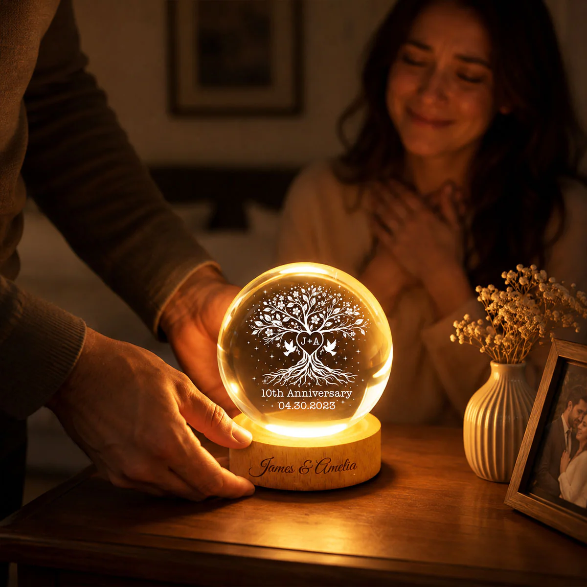Wedding Anniversary Tree of Life - Personalized Crystal Ball LED Night Light - Heartfelt Gift for Her, Gift for Him - Image 6