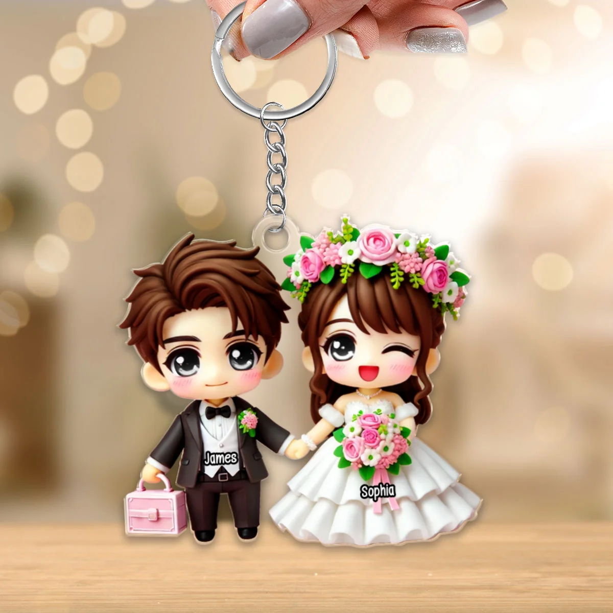 3D Effect Wedding Cartoon Chibi Couple Personalized Acrylic Keychain, Gift for him, Gift for her - Image 6