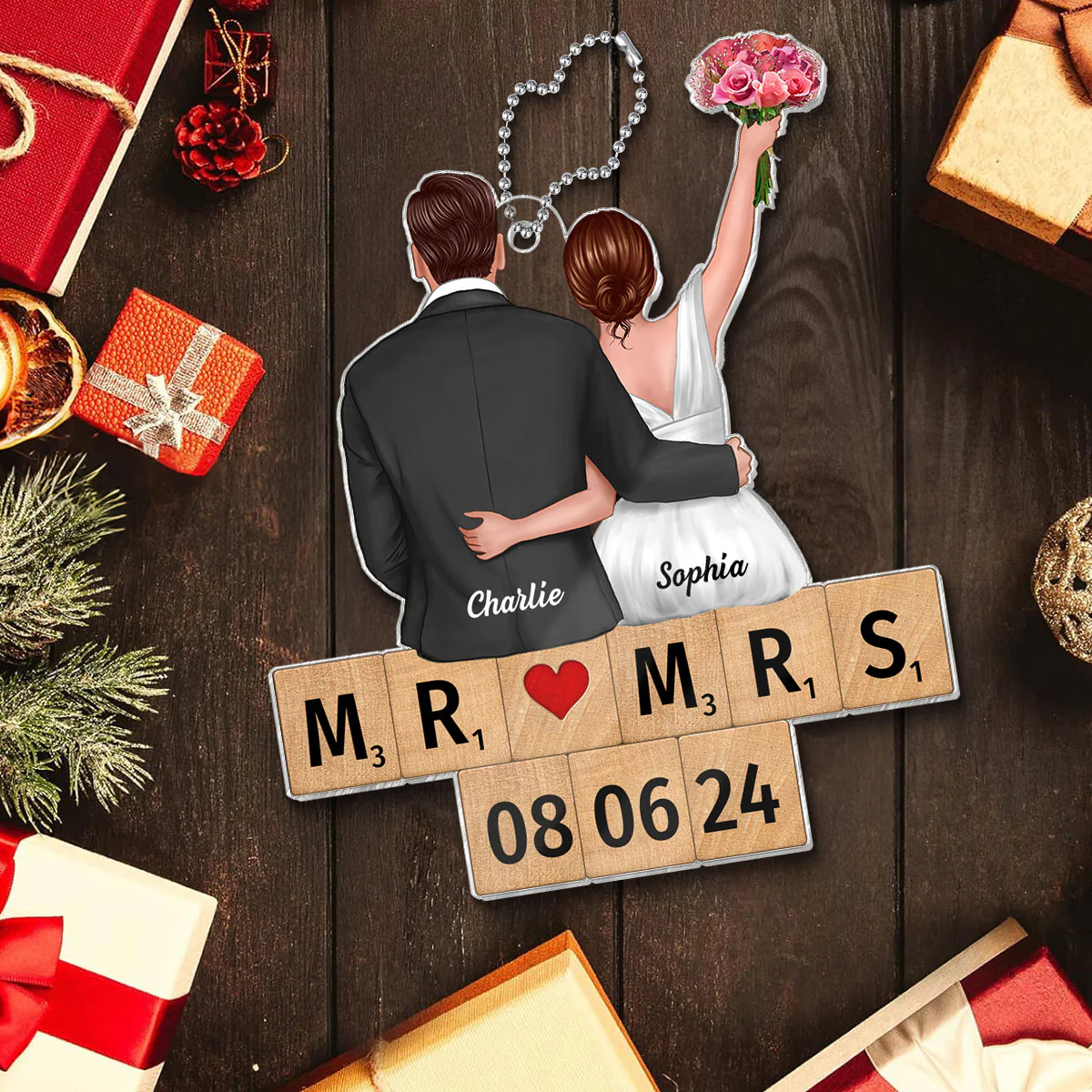 Wedding Couple Groom Bride Sitting On Puzzle Personalized Acrylic Ornament, Christmas Gift for Him for Her - Image 5
