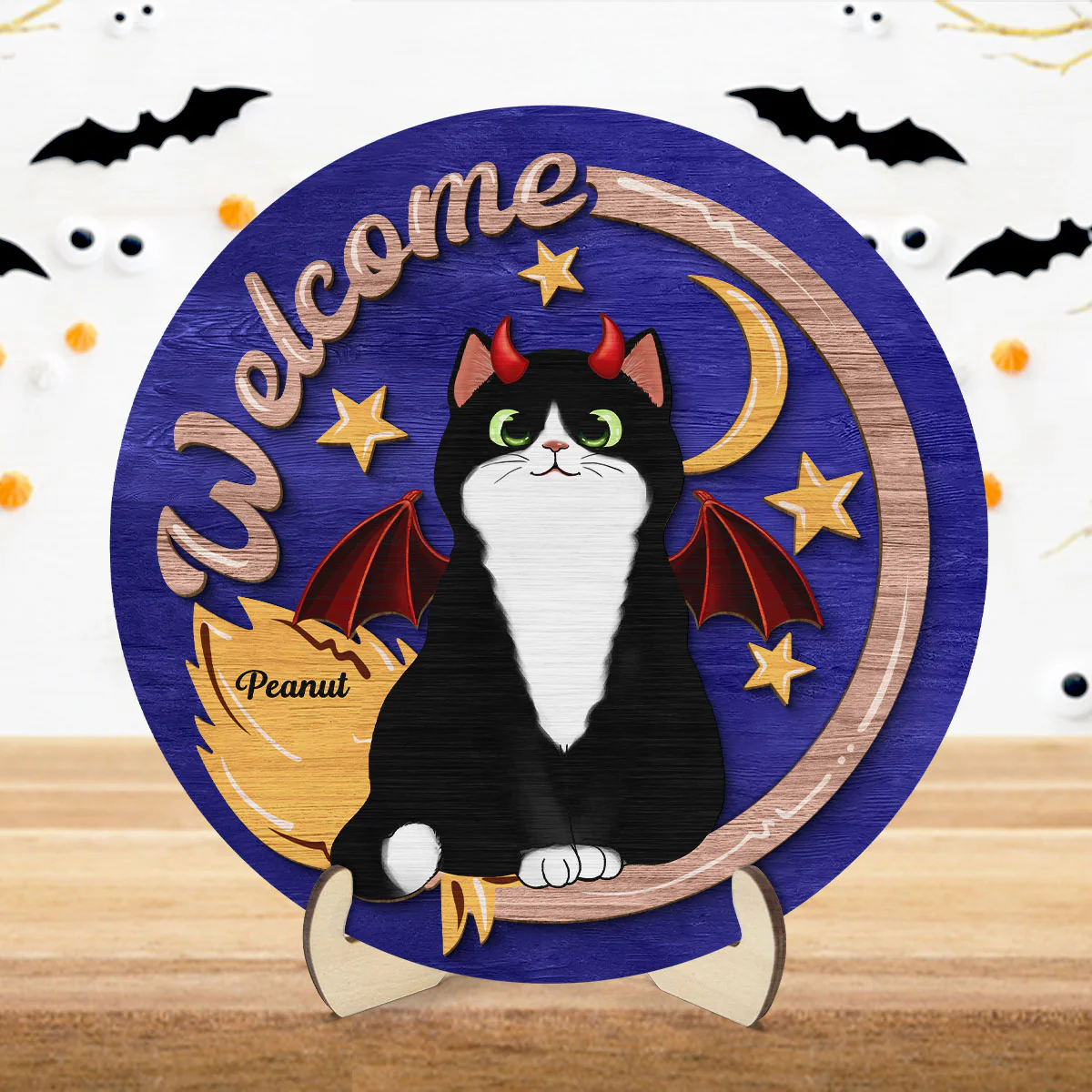 Welcome Halloween Cat Personalized 2-Layer Wooden Plaque, Gift For Cat Lovers - Image 2
