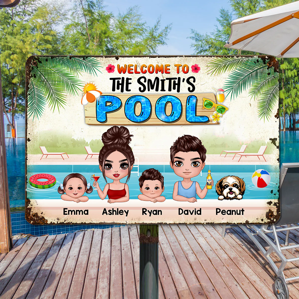 Welcome To Family Pool Couple Dad Mom Kids Dogs Cats Summer Personalized Metal Sign - Image 3
