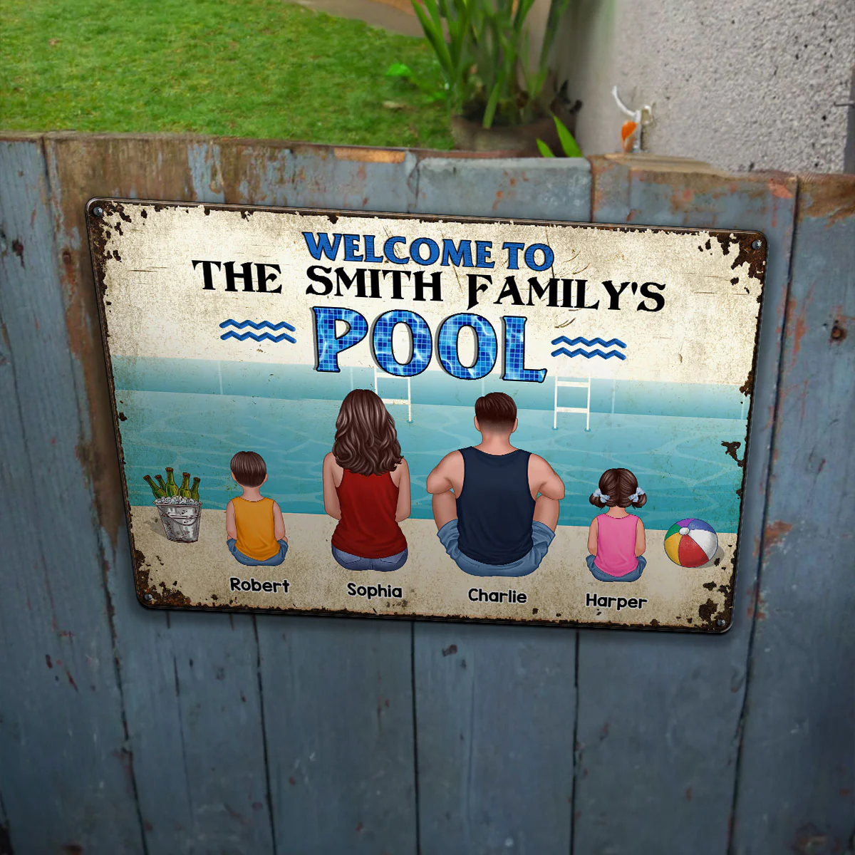 Welcome To Family Poolside Back View Personalized Metal Sign - Image 5